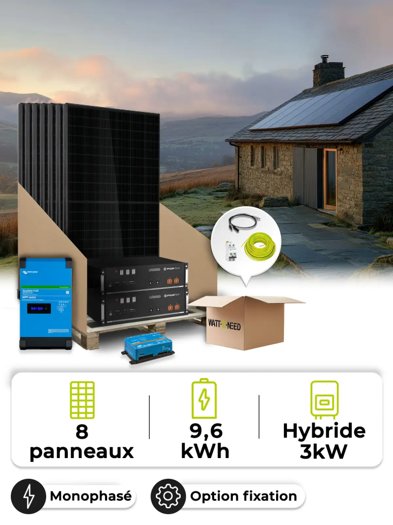 Solar-Kit für abgelegene Standorte 3,6 kWp – Mono 3 kW – Batterie 4,80 kWh – Victron