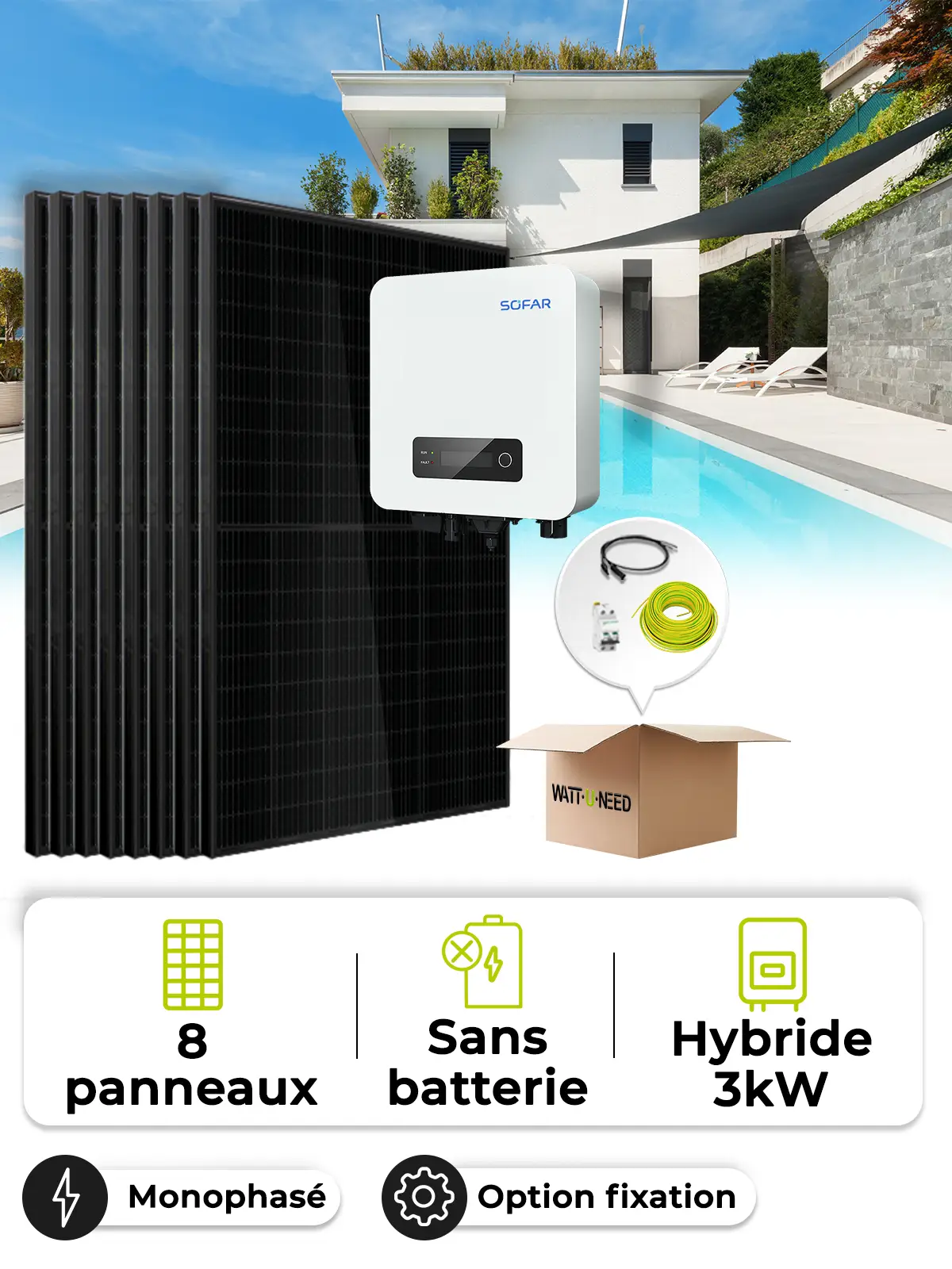 Self-consumption solar kit / Zero feed-in 3.6 kWp – Mono 3.0 kVA – without storage
