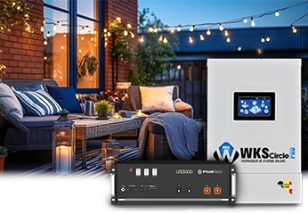 WKS EVO Circle Pro hybride omvormer met Pylontech US5000 lithium batterij op een terras